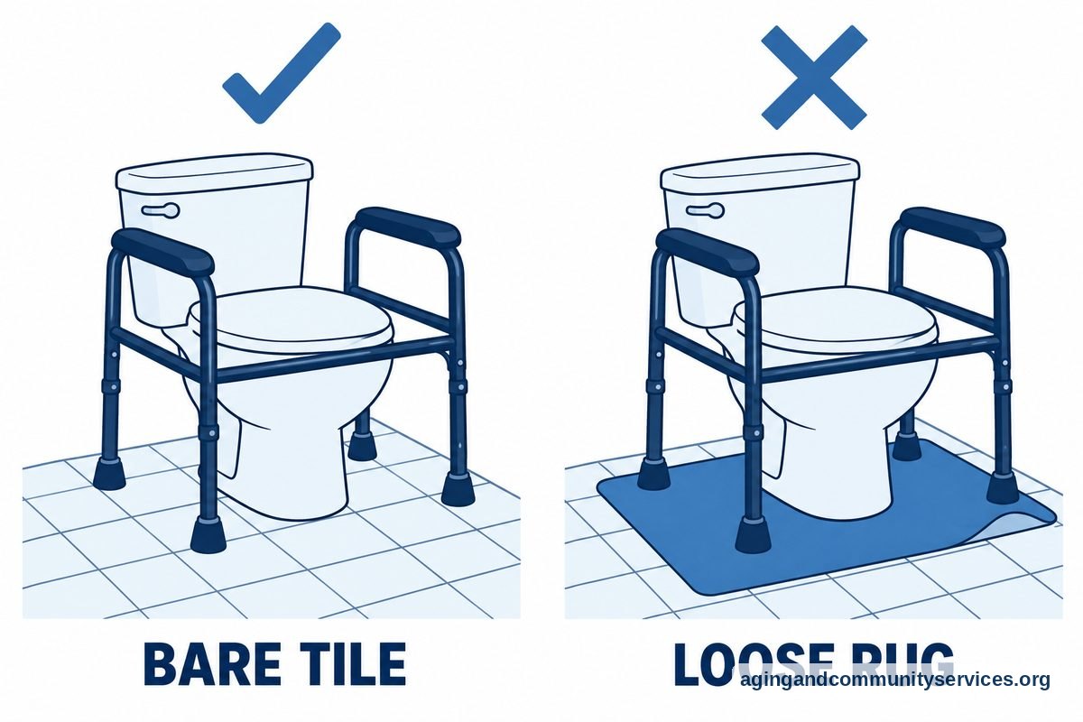 How to Use Bedside Commode Over Toilet Safely 3 Two matching commode frames appear over toilets, with a check beside rubber feet on bare tile and a cross beside feet on a loose rug.