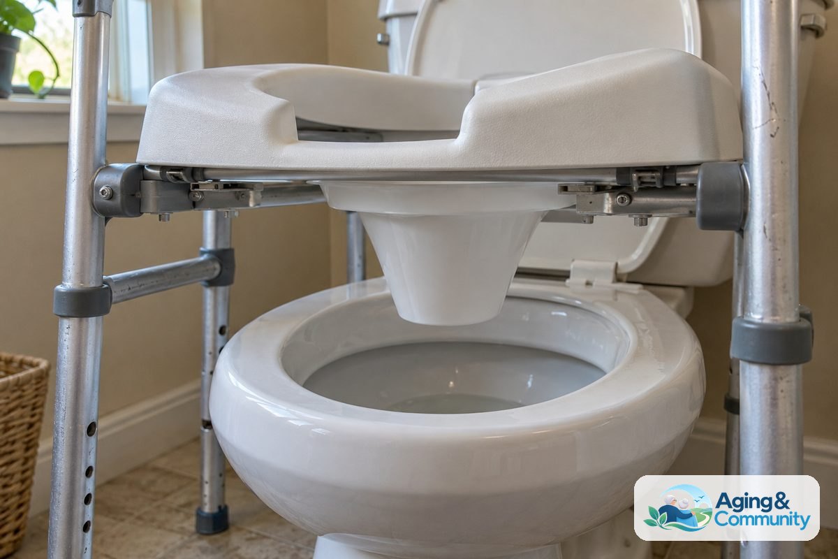 How to Use Bedside Commode Over Toilet Safely 2 An open plastic splash guard hangs beneath a commode seat directly over a porcelain toilet bowl with the household seat and lid raised.