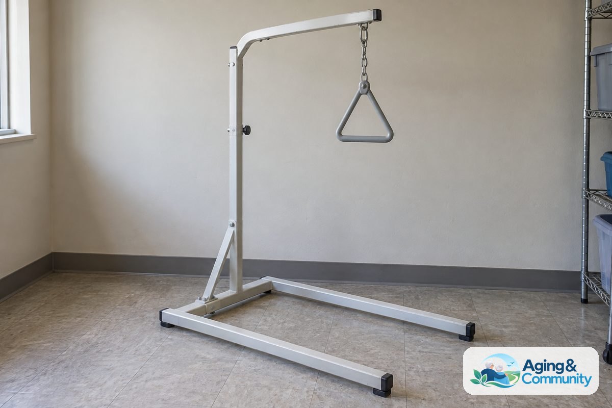A freestanding trapeze frame with a hanging triangular grip stands beside a storage shelf in a community equipment room.