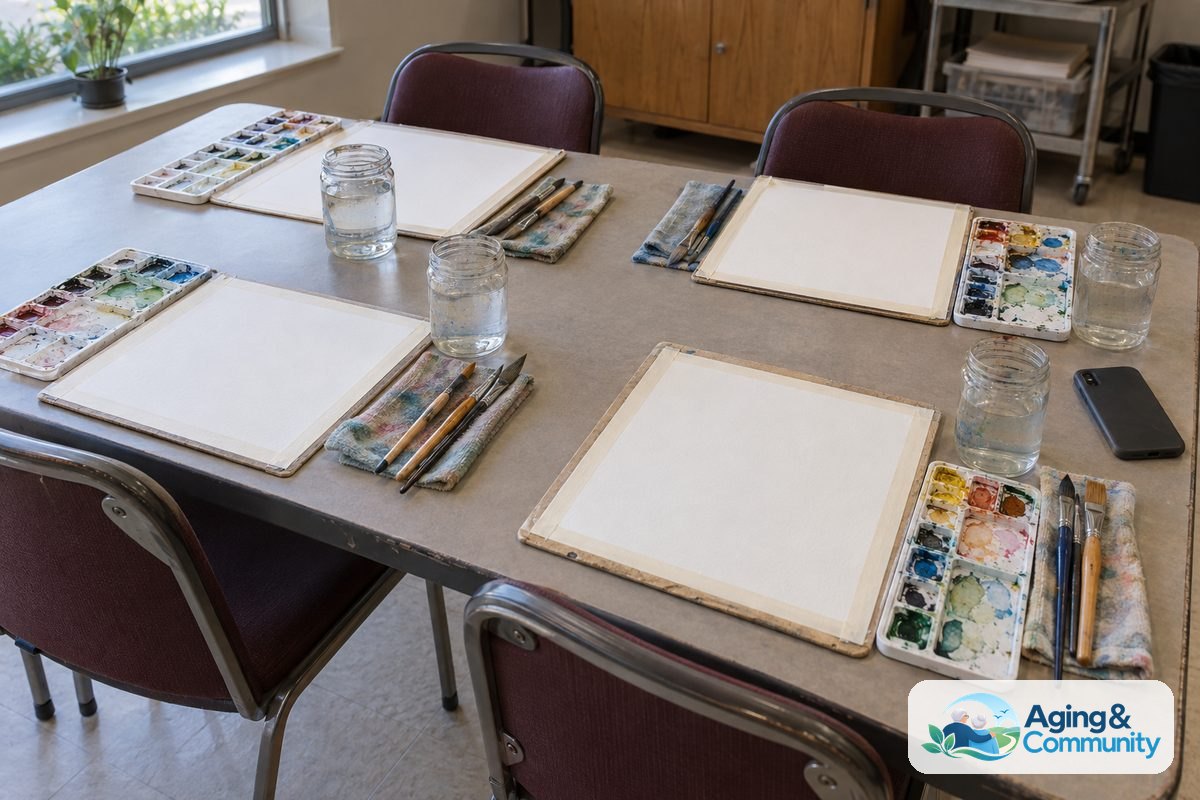 Watercolor palettes, brushes, water jars, and blank paper are arranged at four places around a shared classroom table.