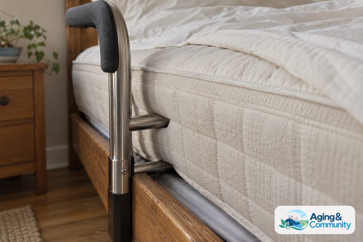 A compact metal bed rail sits closely beside a mattress, with its support tubes extending beneath the mattress edge.