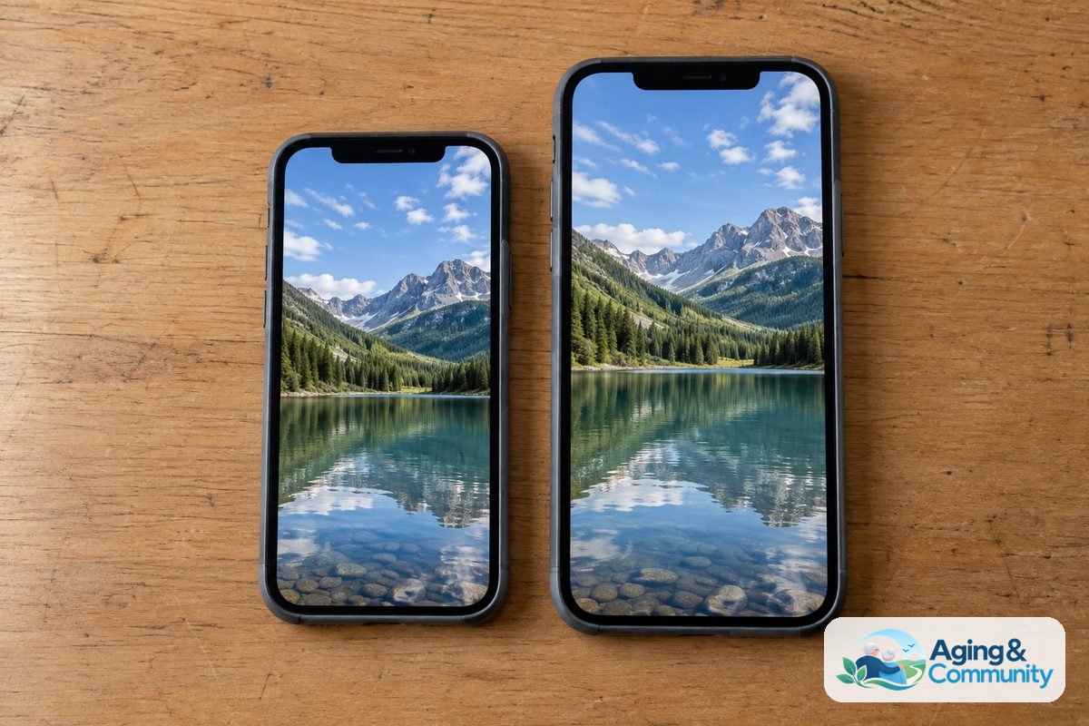 A compact smartphone and a larger smartphone lie beside each other on a wooden table with the same landscape photograph on their screens.