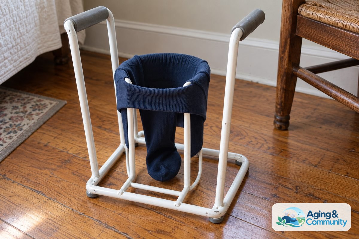 A navy compression sock is loaded over the central cradle of a metal donning frame with two tall handles.