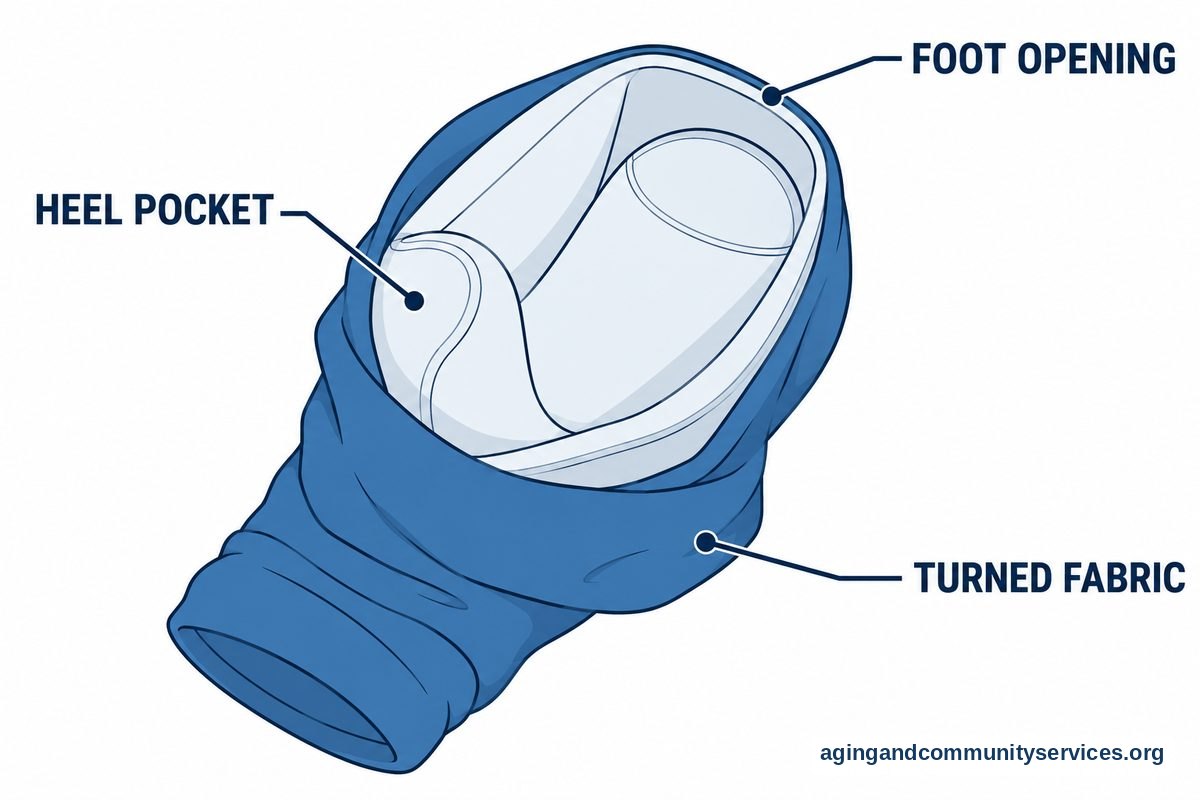 A large diagram of a partially inverted compression sock identifies the heel pocket, foot opening, and turned fabric.