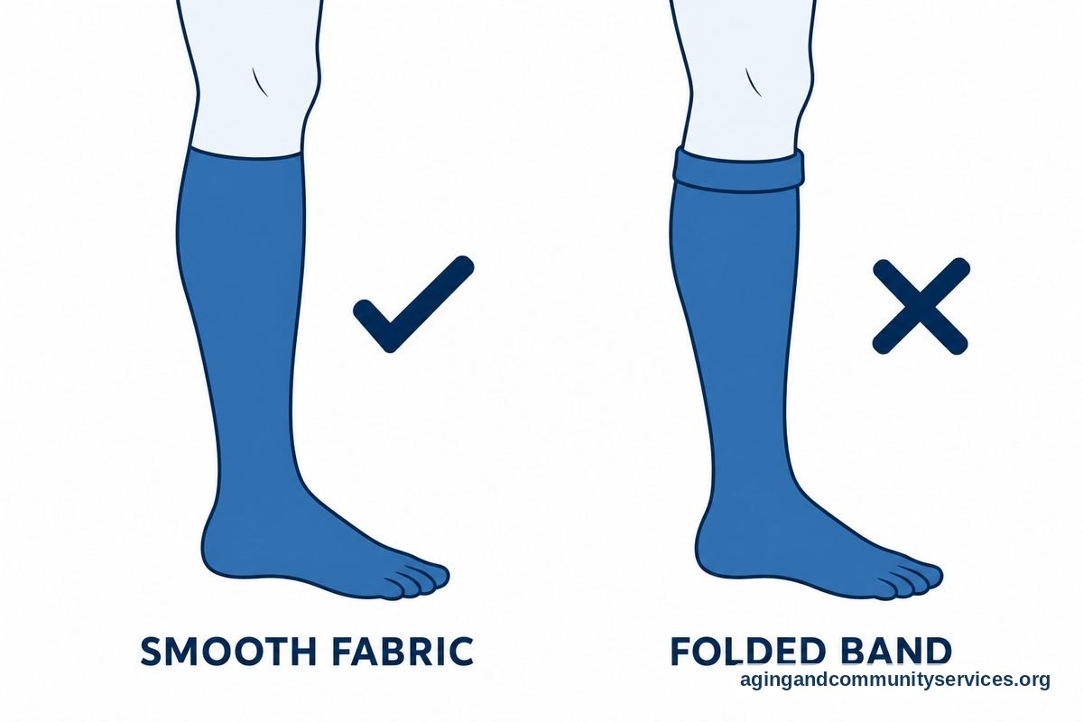 Two illustrated lower legs show a smooth compression sock marked with a check and a sock with a folded top band marked with a cross.