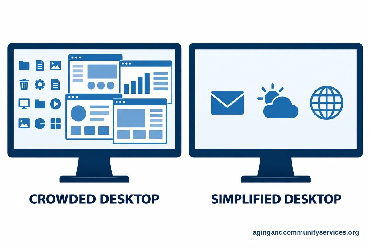 Two matching computer monitors show a crowded desktop with overlapping windows and a simplified desktop with three large, widely spaced icons.