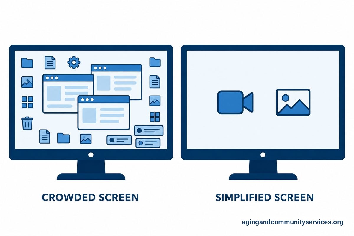 The same monitor appears twice, first with many small icons and overlapping windows and then with two large shortcuts on an otherwise empty screen.