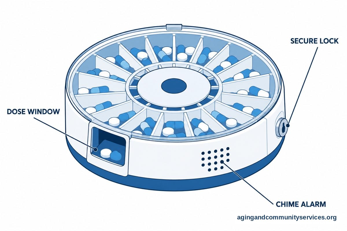 AI for Seniors to Manage Prescriptions Safely at Home 4 A flat vector diagram showing the top-down anatomy of a round automatic pill carousel with leader lines to key mechanical parts.