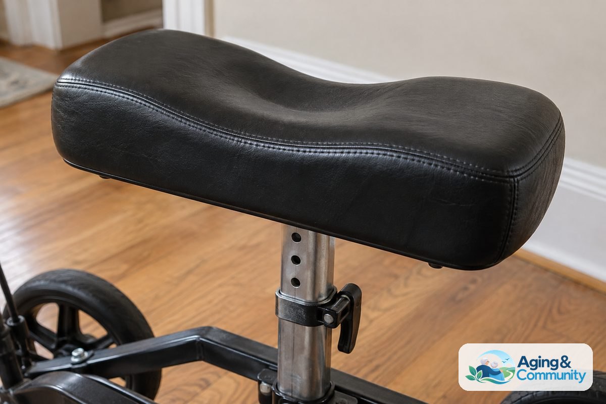 A close view shows a contoured black knee scooter cushion above a metal support post with adjustment holes and a locking clamp.