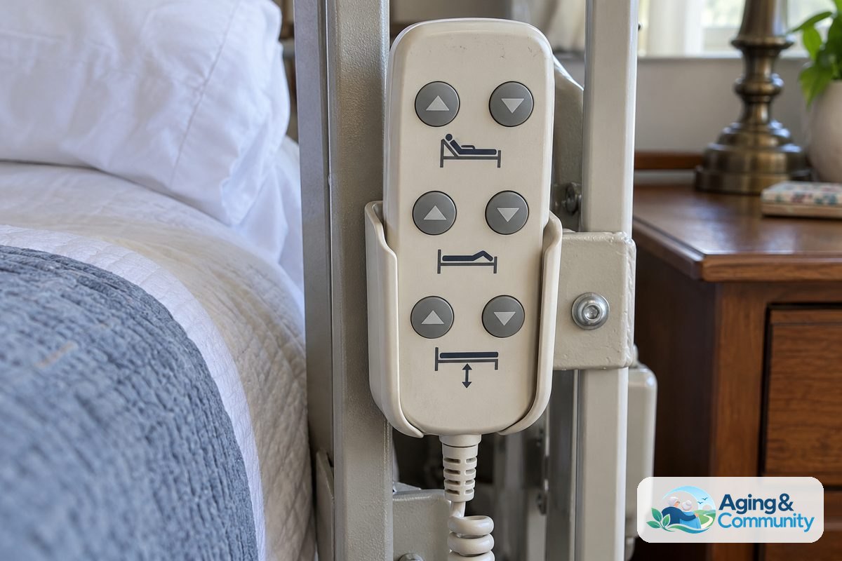 How to Use Hospital Bed Remote Controls Safely 2 A corded bed pendant rests in its holder with three pairs of arrow buttons beside pictograms of the backrest, leg section, and whole bed.