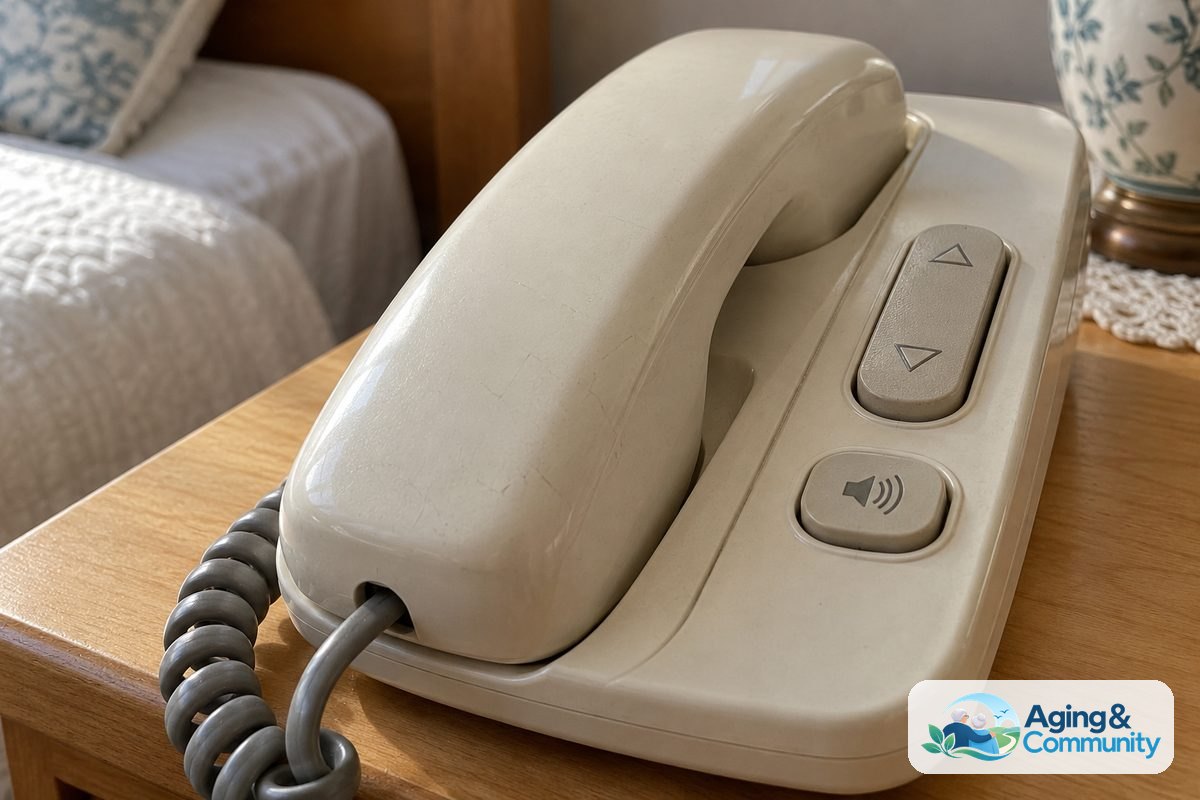 A close view of a corded telephone shows its broad receiver, textured volume rocker, and speaker button with a molded speaker symbol.