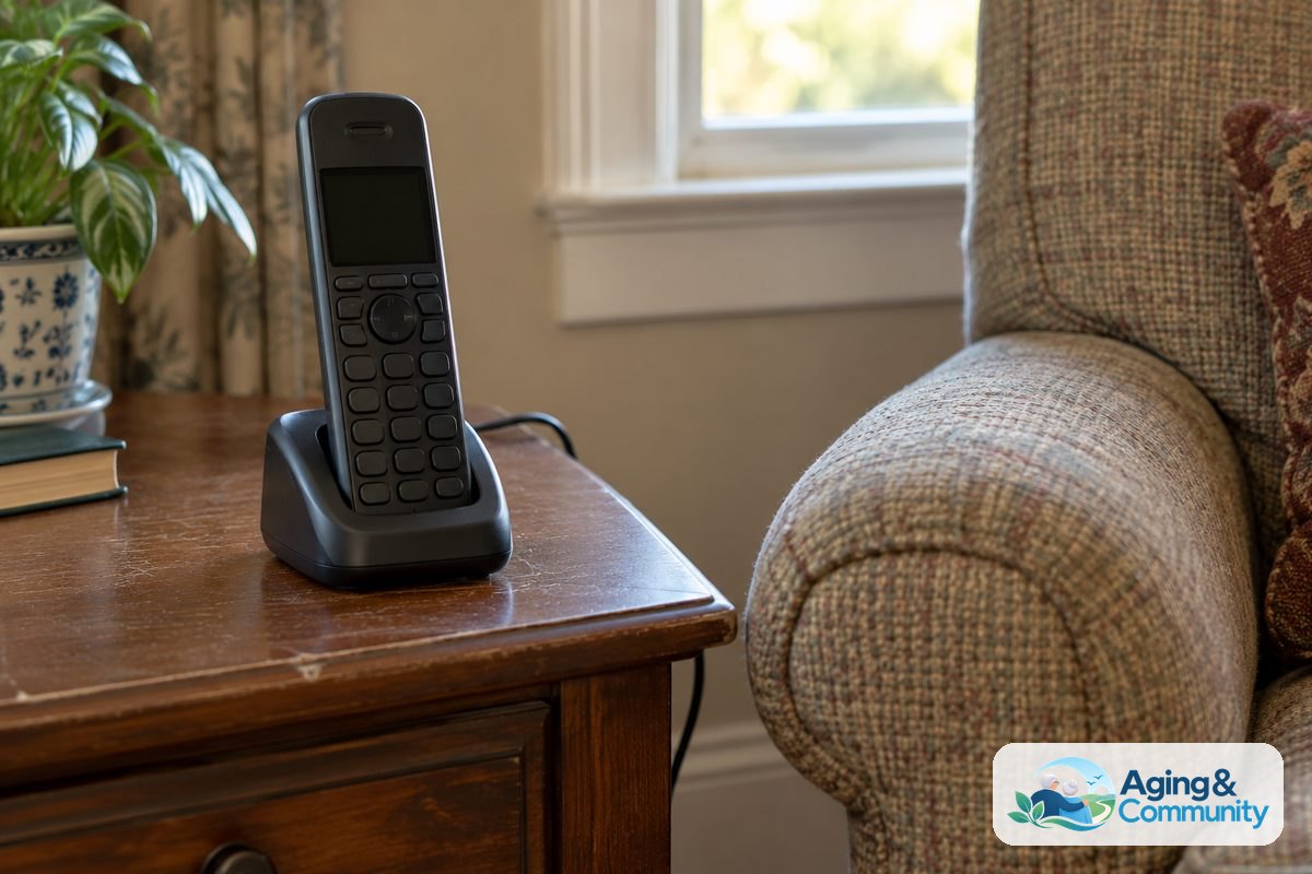 A cordless telephone rests in its charging base on a small wooden table beside an upholstered armchair.