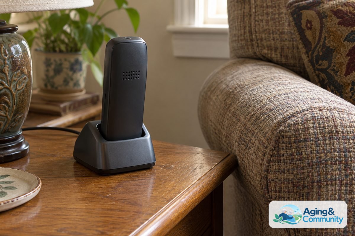 A cordless telephone rests in its charging base on a wooden side table beside an upholstered armchair.