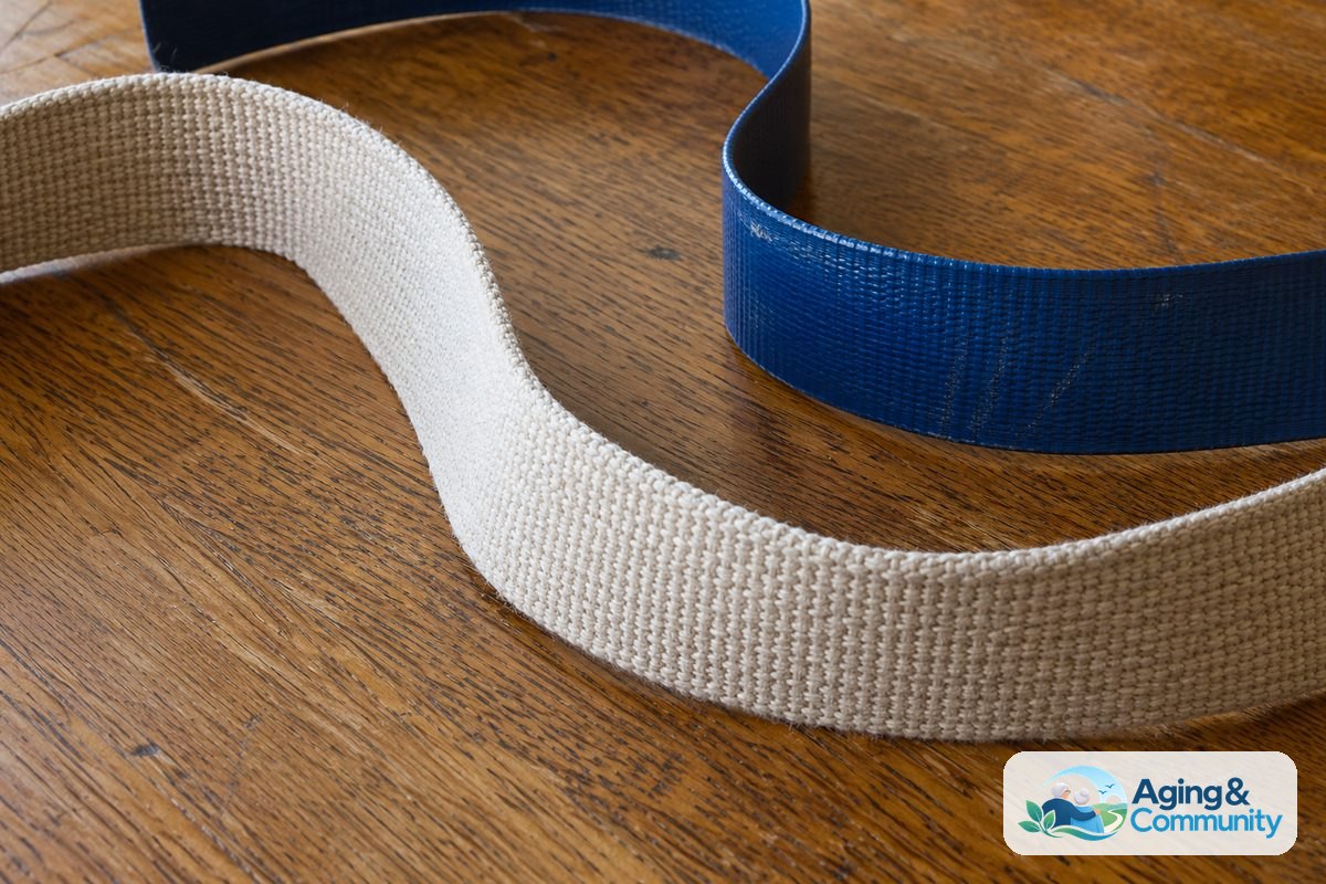 How to Choose a Gait Belt: A Practical Caregiver Guide 2 A cream cotton canvas gait belt and a blue coated synthetic gait belt lie in loose curves on a wooden table, showing their different surface textures.