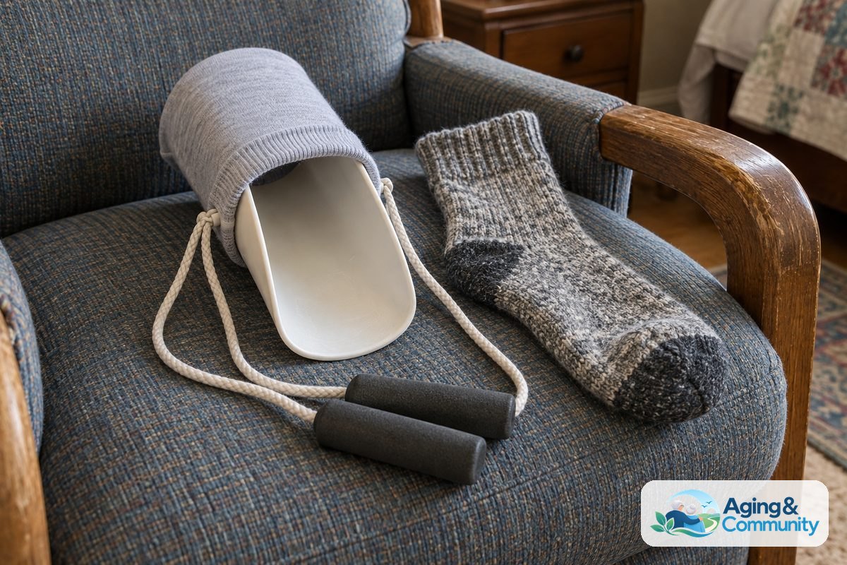 A smooth cotton sock is loaded onto a plastic sock aid beside a thick textured sock on an upholstered chair seat.