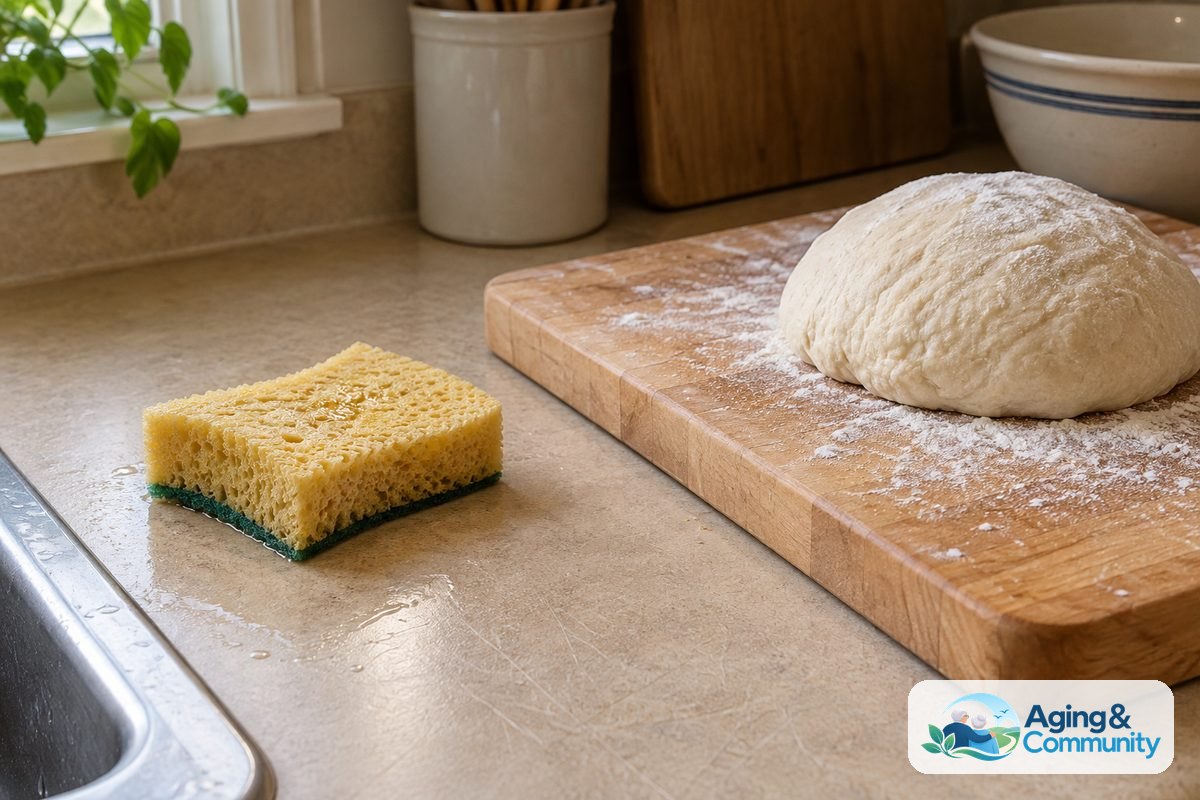 A damp sponge sits beside a wiped patch of countertop, with bread dough and a light dusting of flour on a nearby wooden board.