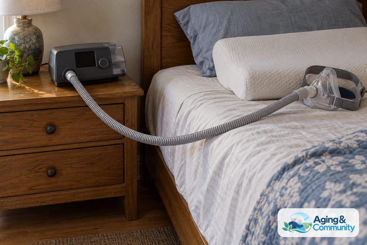 A CPAP machine sits on a clear bedside table with its hose curving toward a contoured pillow and its power cord routed behind the table.