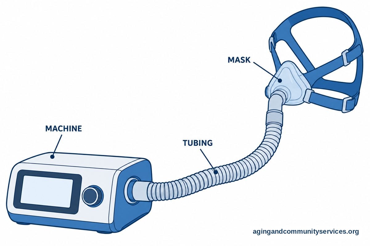 How to Choose CPAP or BiPAP for Better Sleep 2 A diagram shows a bedside air pressure machine connected by a curved hose to a mask, with labels pointing to the three components.