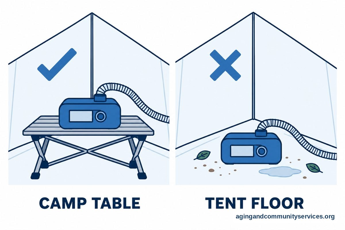 A diagram contrasts a CPAP machine on a stable camp table marked with a check and the same machine on a tent floor beside dirt marked with a cross.