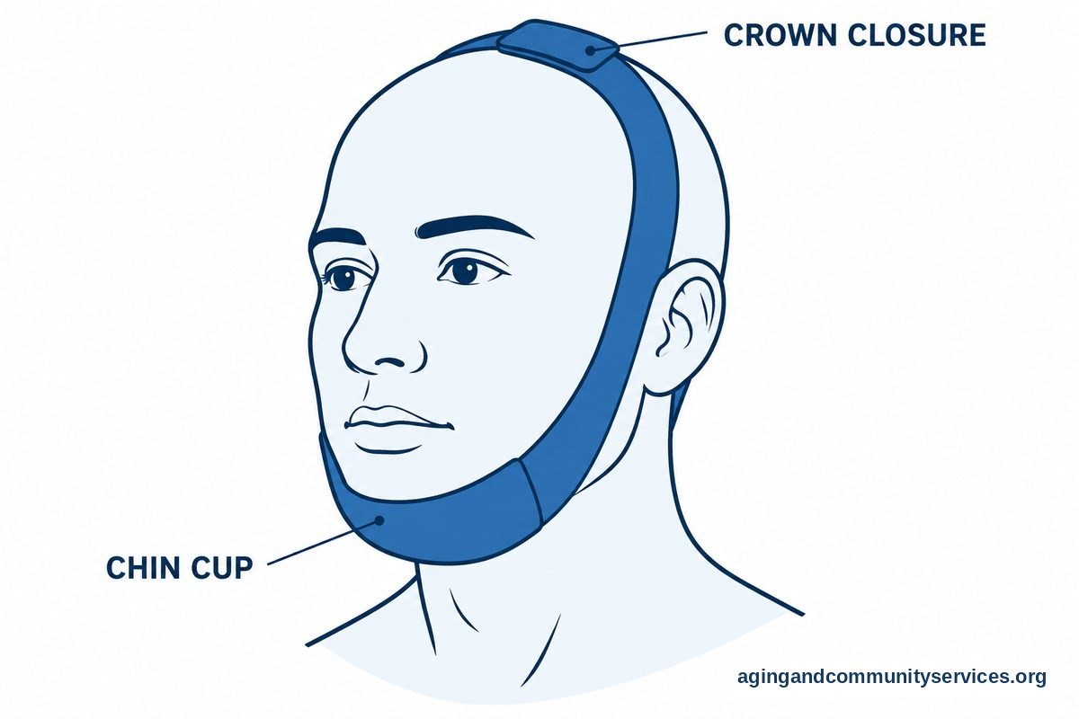 A large three quarter head drawing shows a chin strap cupping the underside of the chin and extending up both sides of the jaw to a crown closure.