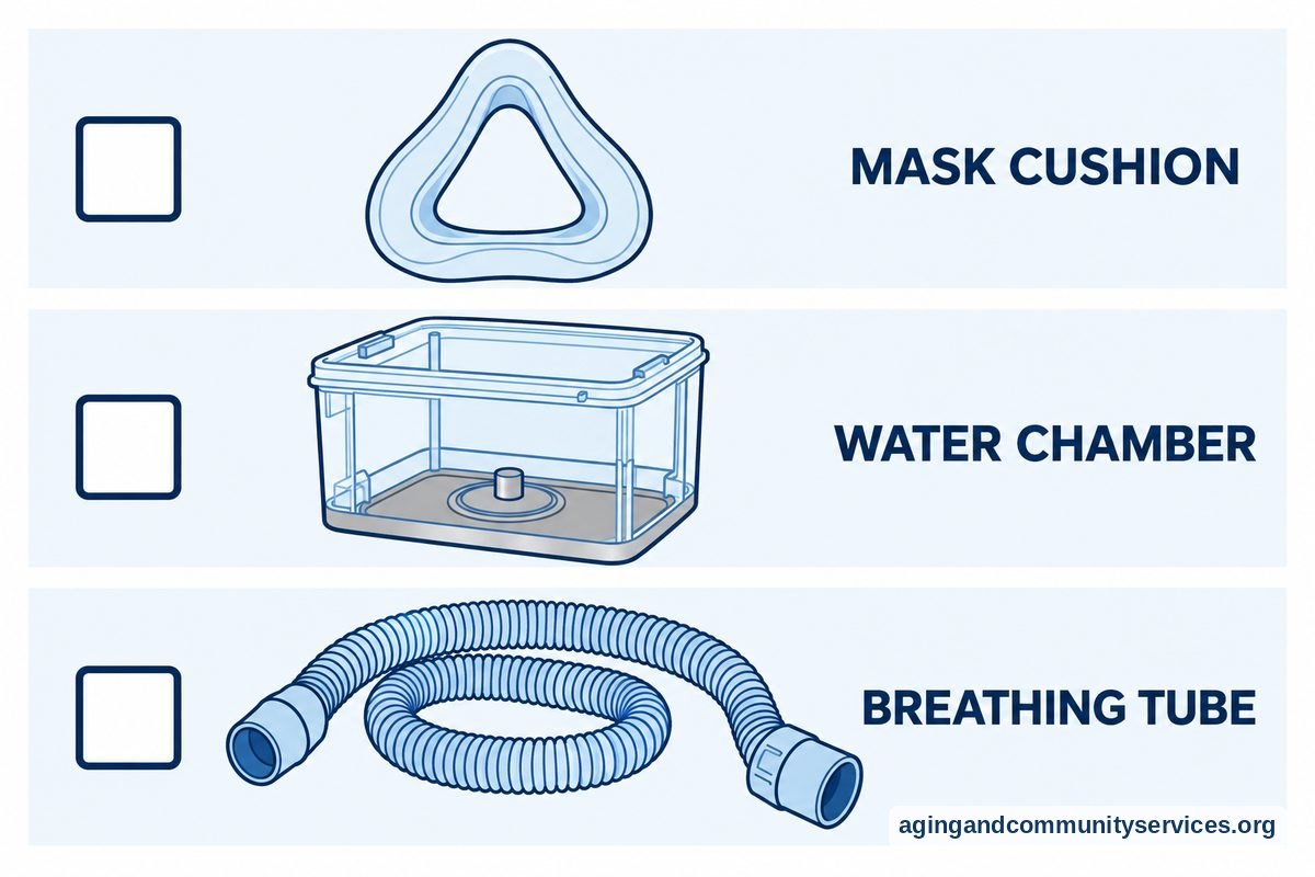 How to Use CPAP Without Water Safely at Home 5 A vertical checklist shows a removable mask cushion, an open water chamber, and a loosely coiled breathing tube beside empty checkboxes.