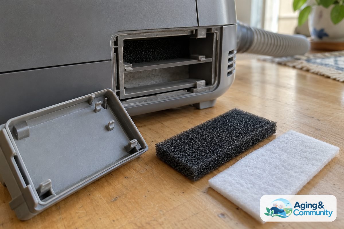 An open CPAP filter compartment is shown beside a dark foam filter and a thin white replacement filter on a wooden table.