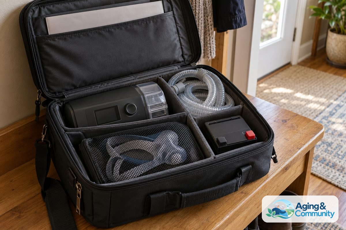 An open padded travel bag holds a CPAP machine, coiled hose, protected mask, and battery in separate compartments beside a closed document sleeve.