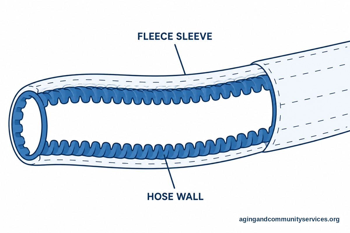 A cutaway diagram shows a ribbed CPAP hose surrounded by a fleece sleeve with its hollow interior visible.