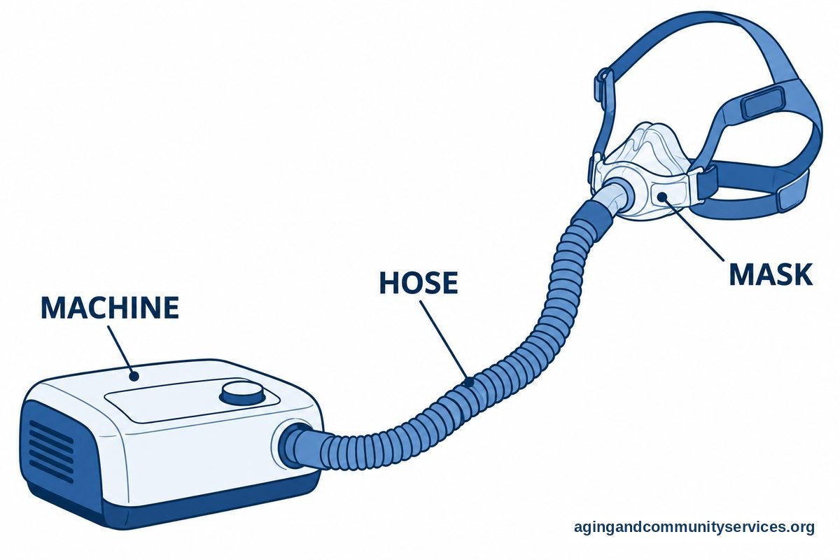 A diagram shows a CPAP machine connected by a curved hose to a nasal mask, with callouts identifying the three components.