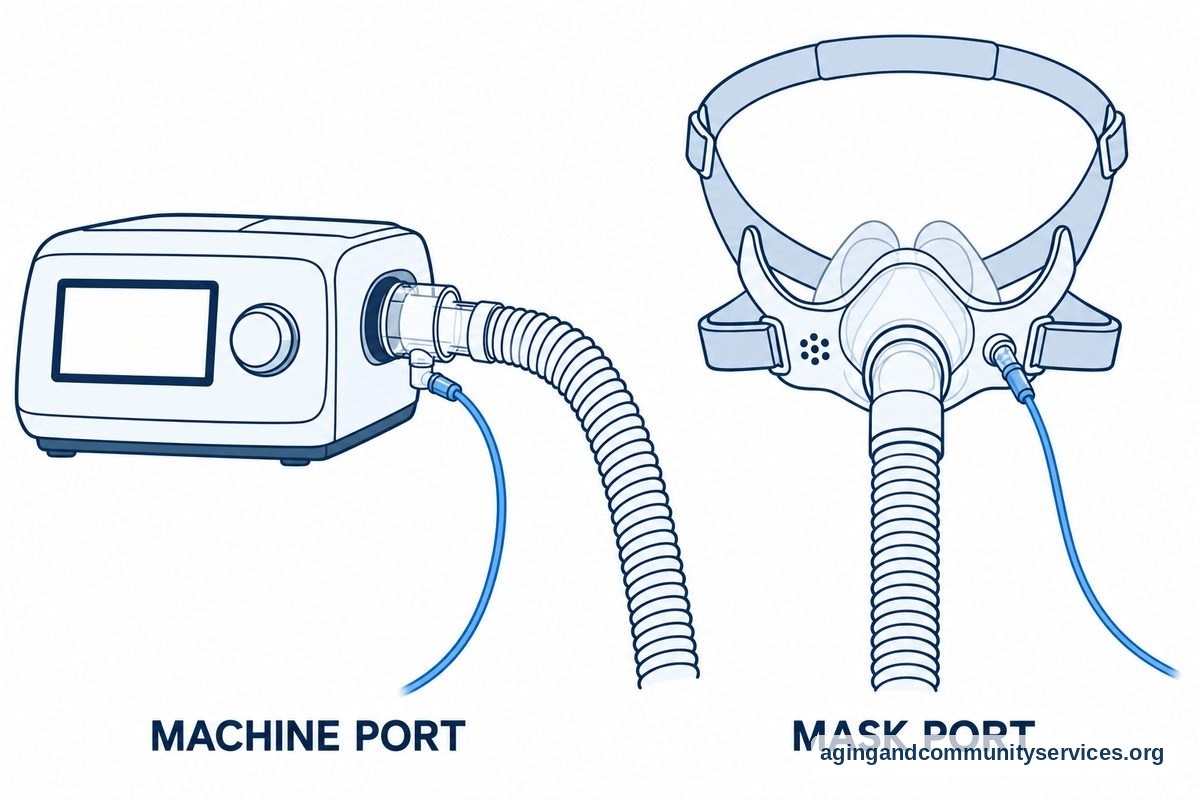 How to Use CPAP With Oxygen at Home Safely 3 Two diagrams show oxygen tubing attached to an adapter at a CPAP machine outlet and to a dedicated oxygen port on a CPAP mask.