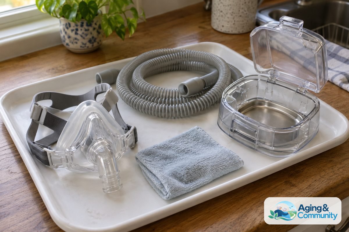 A detached CPAP mask, loosely coiled hose, and empty open water chamber sit separately on a white tray beside a damp cloth.