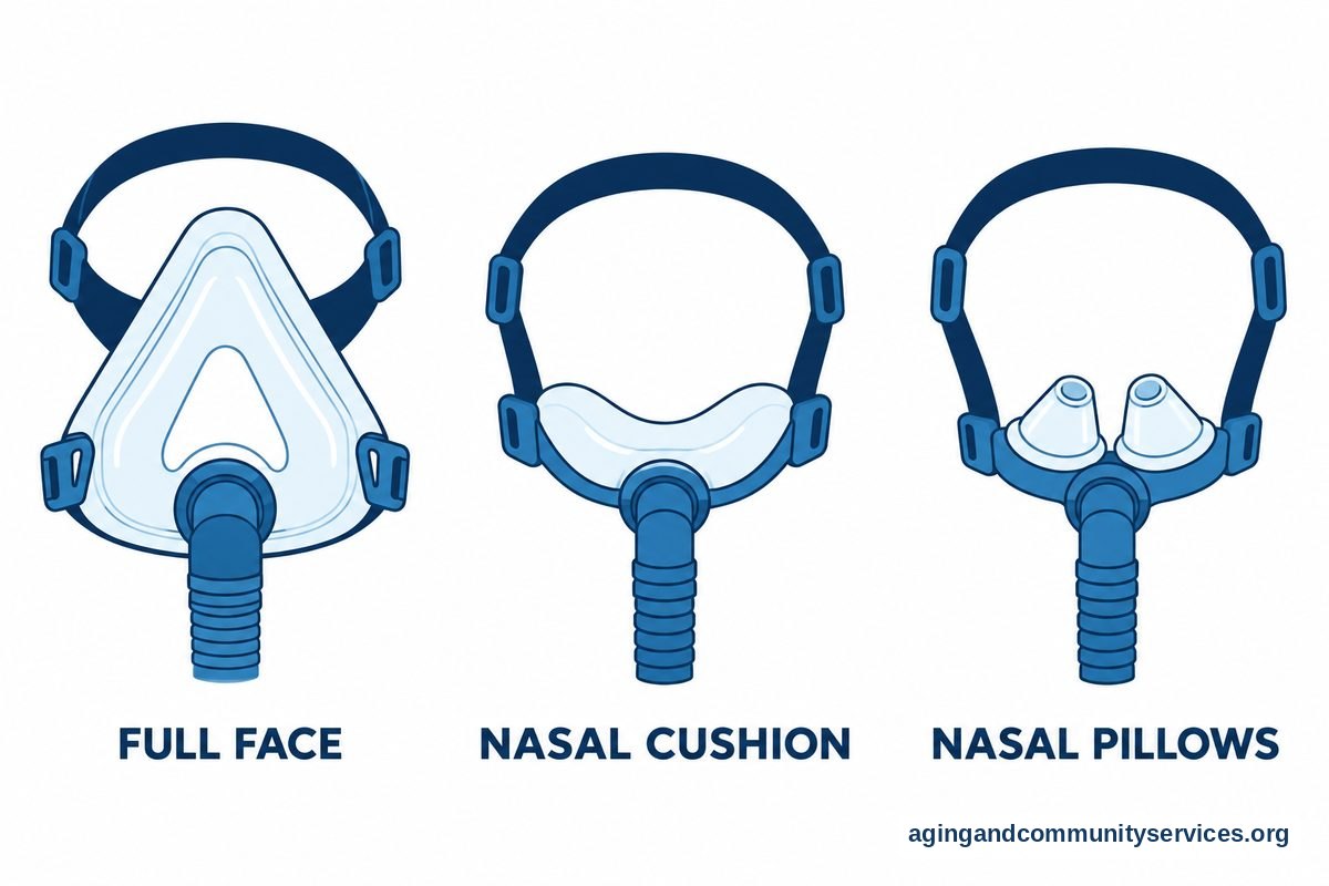 Three CPAP mask drawings show a full face cushion, an under nose nasal cushion, and a pair of nasal pillows.