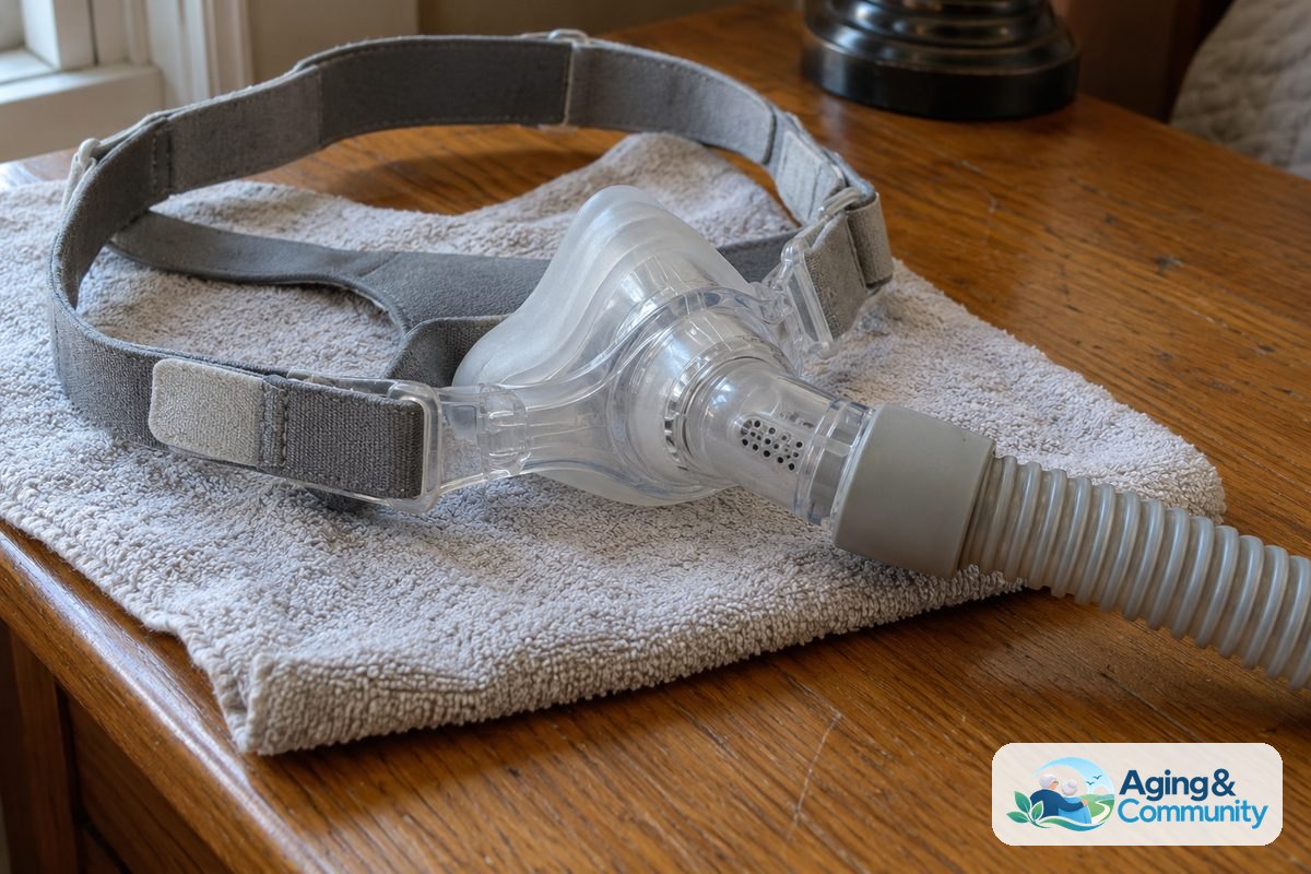 A CPAP nasal mask rests on a cotton towel with its fabric headgear spread flat and its hose attached to the front swivel.