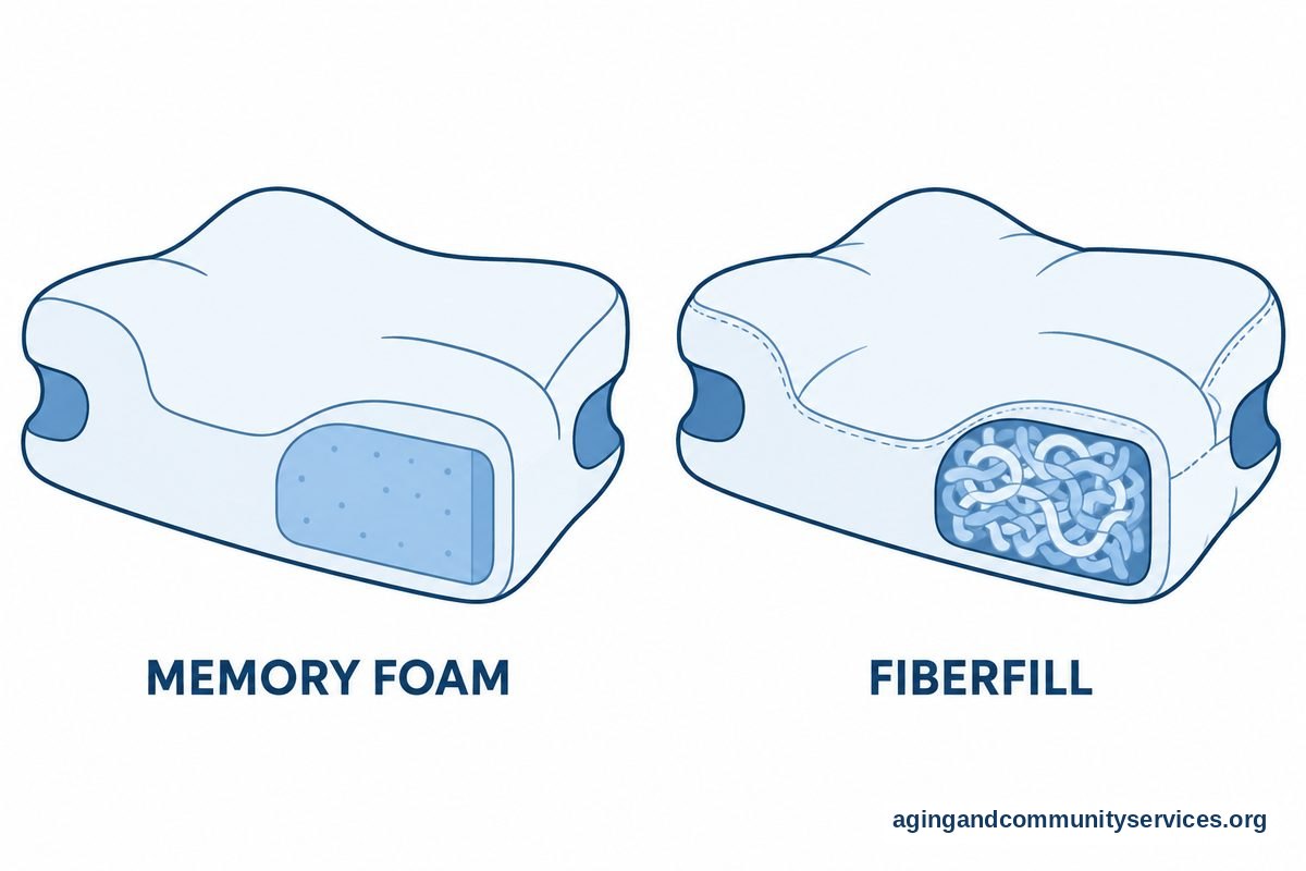 Two cutaway pillow drawings reveal a solid foam core inside one contoured pillow and loose fiber filling inside another.