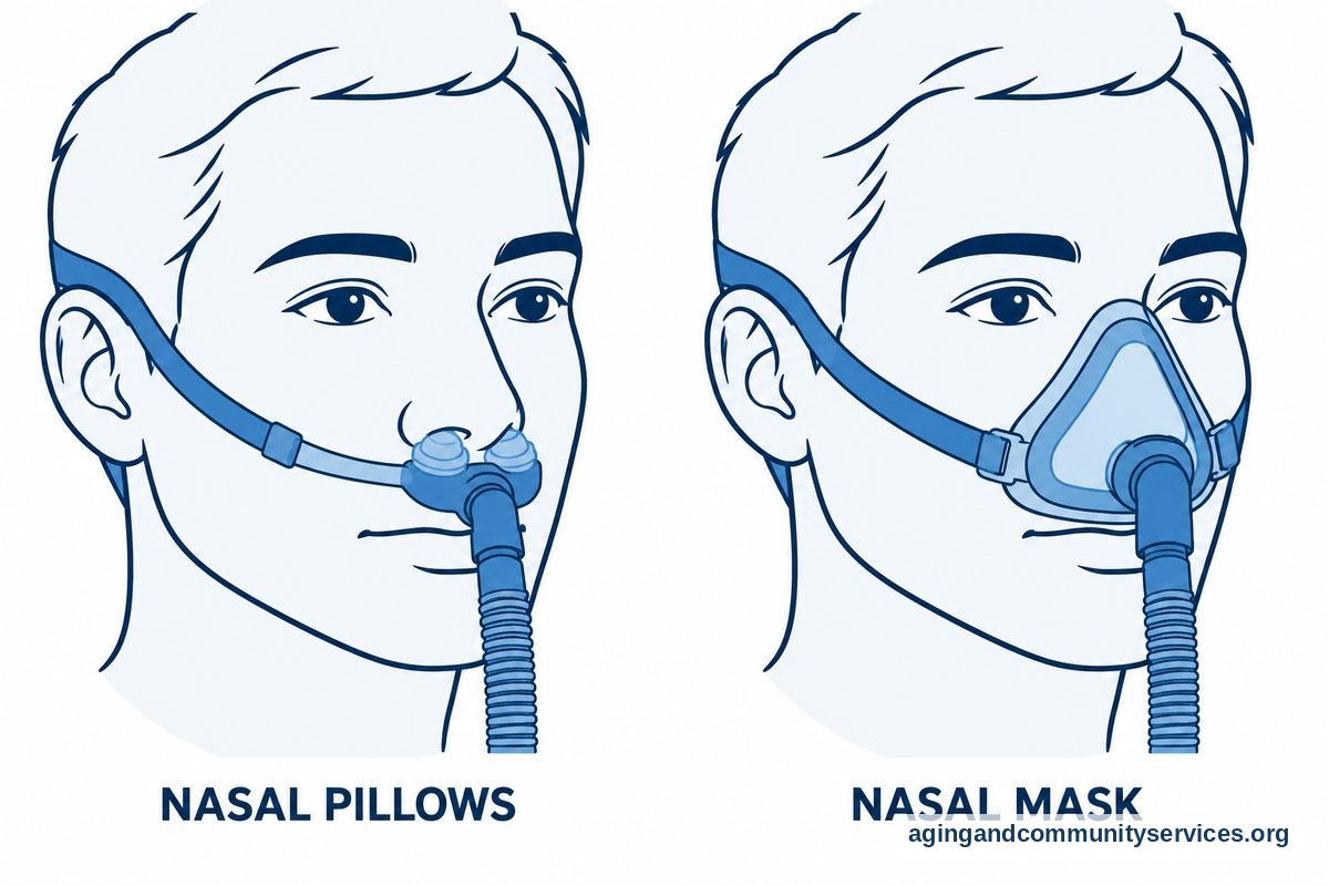 Two profile drawings show nasal pillows resting at the nostril openings and a triangular nasal mask covering the nose above the upper lip.