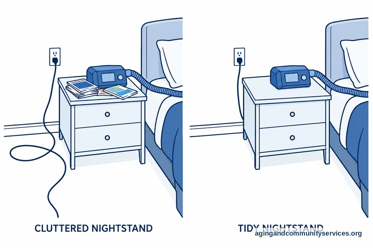 Two drawings show the same CPAP nightstand with a power cord crossing the walking path and then routed behind the furniture.