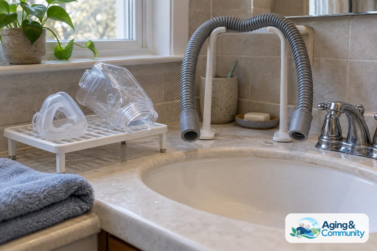 A CPAP mask cushion and open humidifier chamber rest on a drying rack while tubing hangs in a loose curve above a nearby basin.