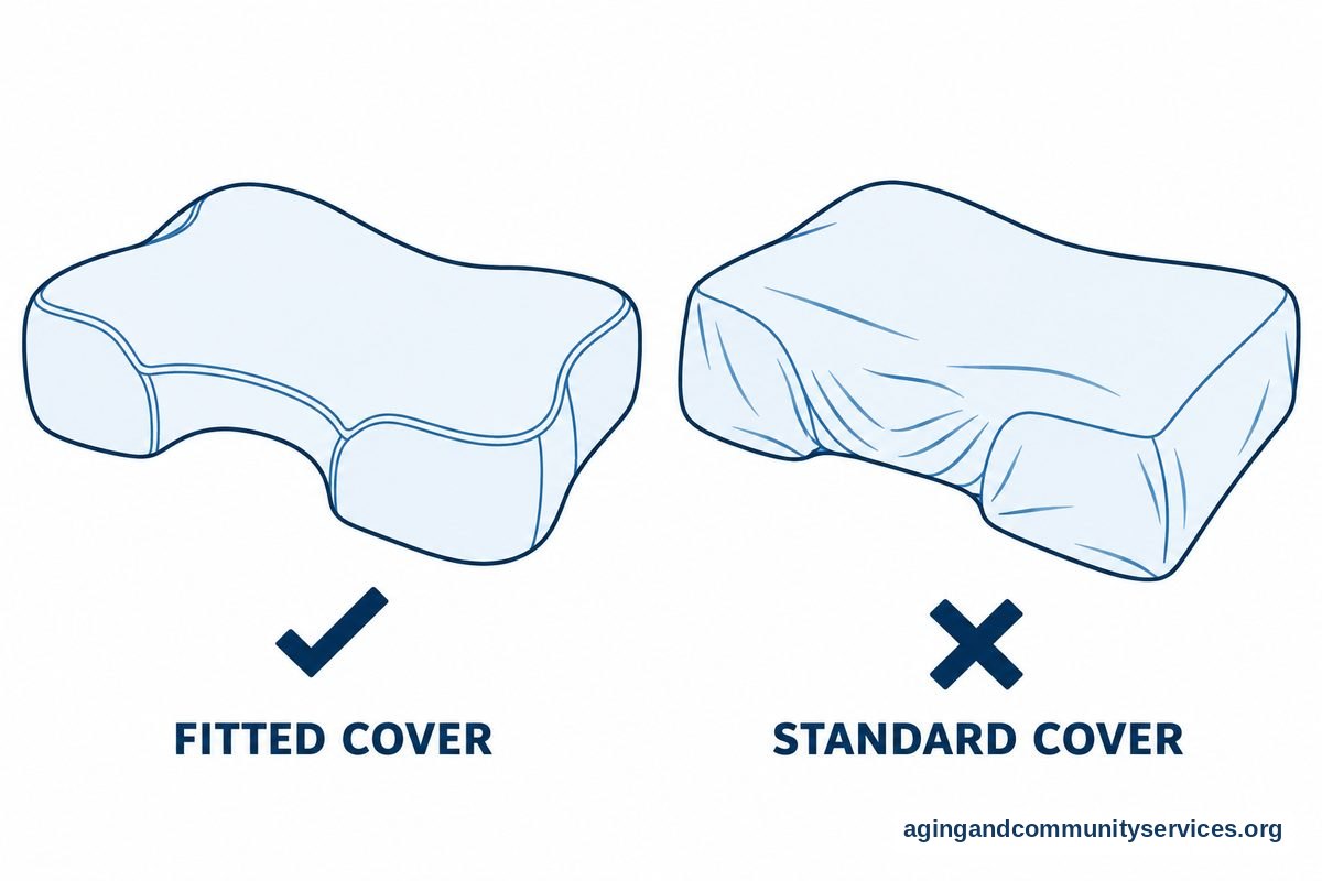 Two drawings show a fitted cover following a pillow cutout beside a rectangular pillowcase with fabric spanning the same opening.