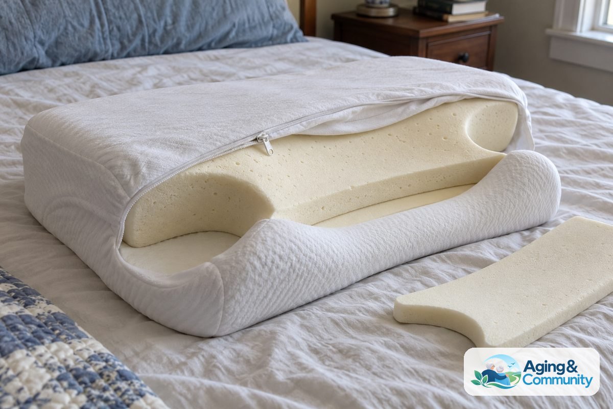 An adjustable CPAP pillow lies on a bed with its fitted cover unzipped and one removable foam insert beside it.