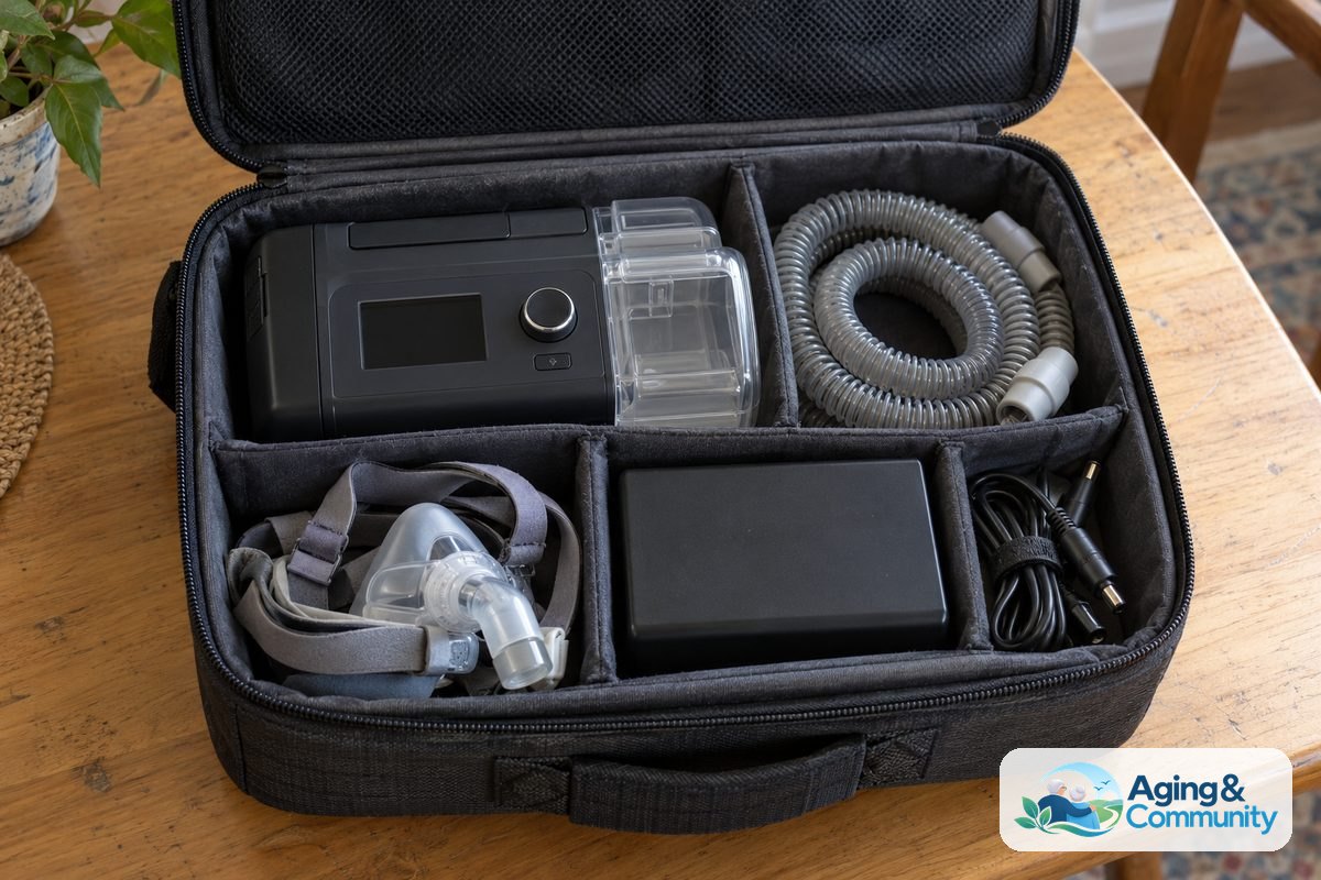 An open padded travel case holds a compact CPAP machine, coiled hose, nasal mask, battery pack, and connecting cable in separate compartments.