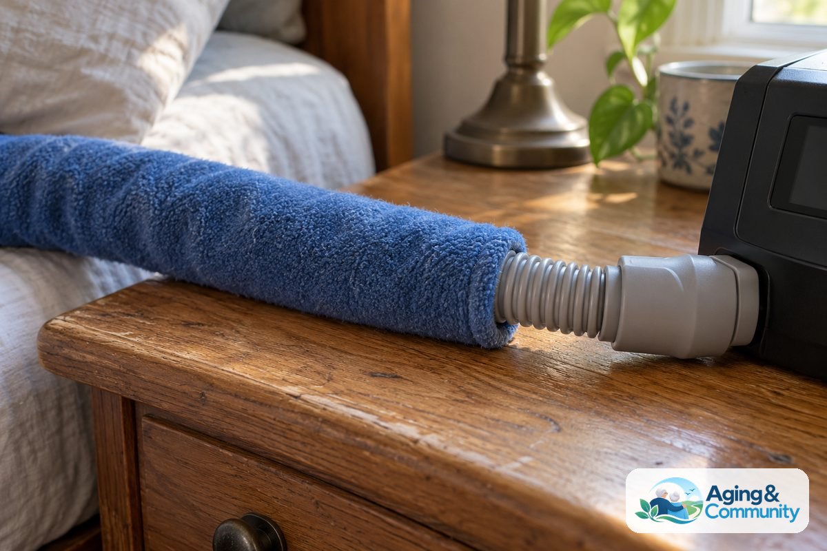 A CPAP hose rests on a bedside table with a soft fleece sleeve covering most of the tubing and a short ribbed section exposed near the connector.
