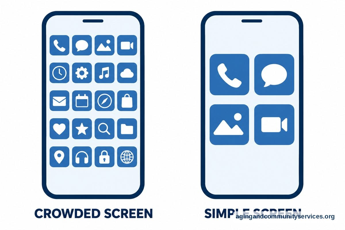 Two views of the same phone show a crowded grid of small icons beside a screen with four large icons.