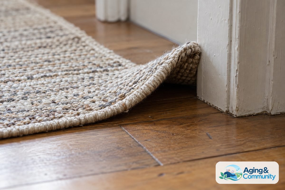 Why Fall Prevention Is Important for Older Adults 2 A woven hallway rug has a curled corner rising above a lightly worn hardwood floor beside a doorway.