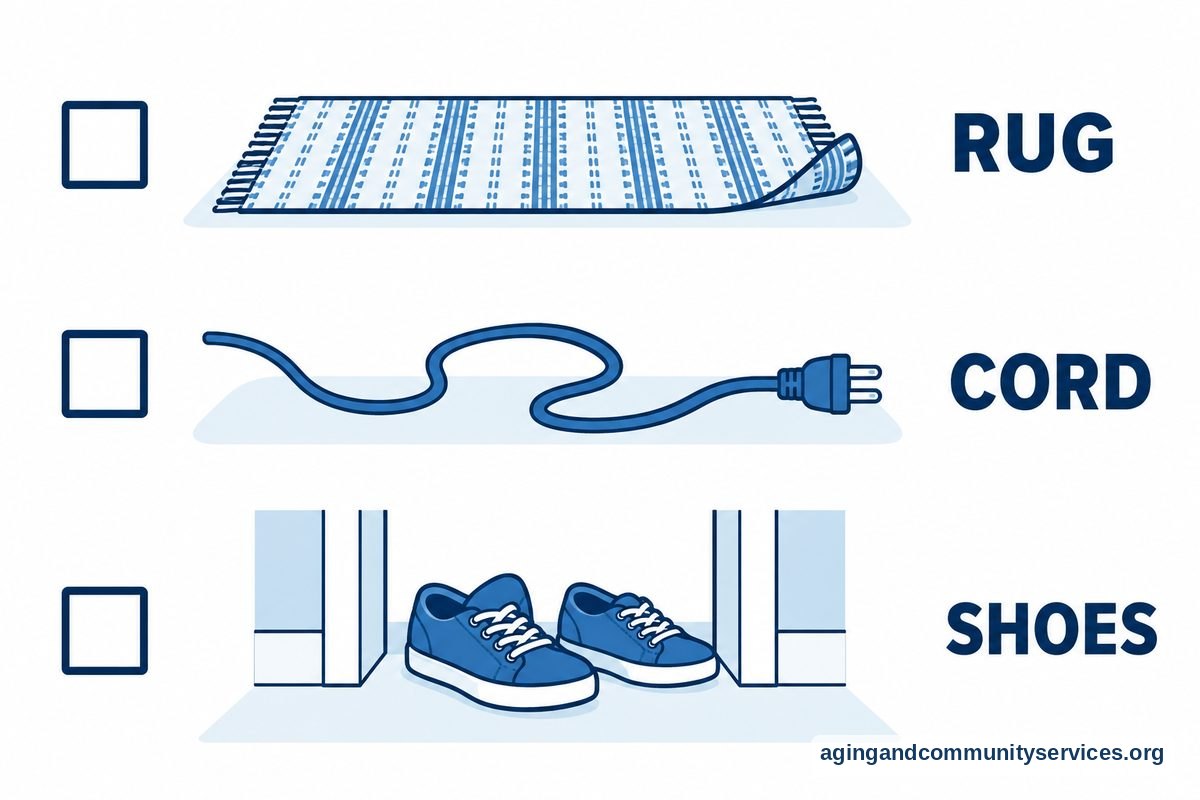 Elderly Fall Statistics Families Should Know 2 A vertical illustrated checklist shows a rug with a curled corner, an electrical cord crossing a floor, and shoes left in a doorway.