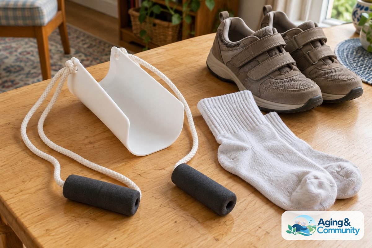 A curved plastic sock aid with two foam handles rests on a wooden tabletop beside loose cotton crew socks and closed heel walking shoes.
