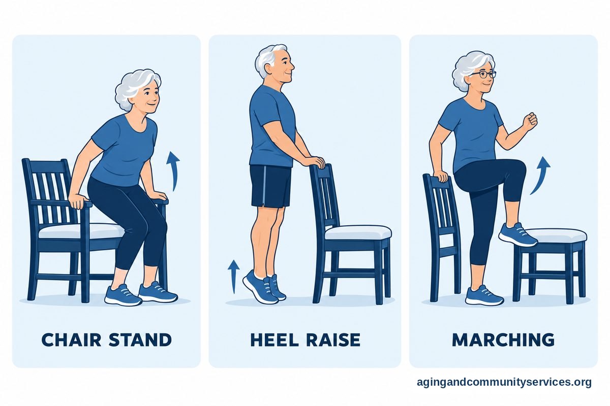 Three panel vector diagram illustrating a sequence of three safe standing balance exercises using a sturdy chair for support.