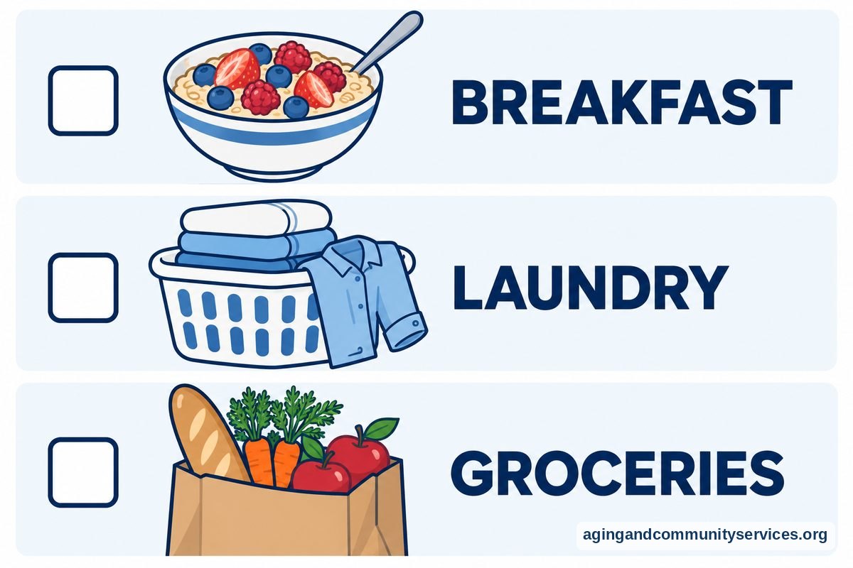 A vertical checklist shows a bowl of oatmeal and spoon, a basket of laundry, and a grocery bag beside three empty checkboxes.
