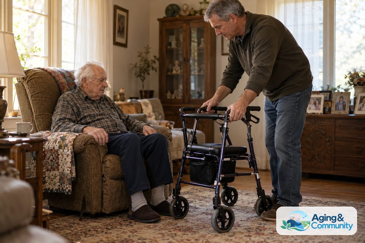 An adult son adjusts a rolling walker beside his elderly father sitting comfortably in an armchair inside his private care suite.