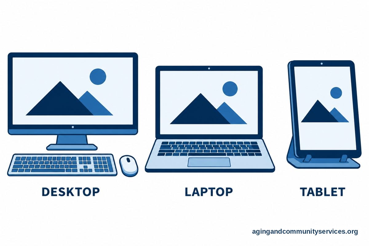 Three illustrated panels show a desktop computer with a keyboard and mouse, an open laptop, and a tablet on a stand.