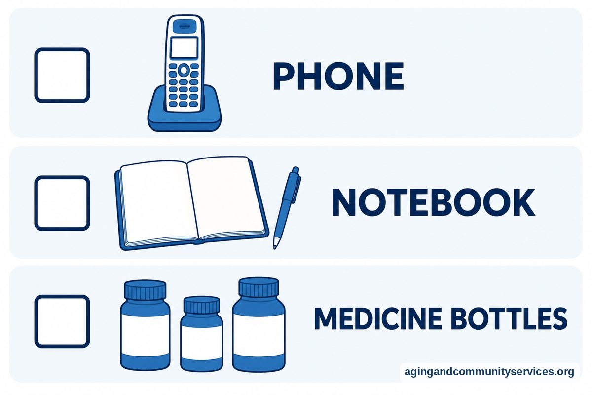 A vertical illustrated checklist contains a telephone, an open notebook with a pen, and three closed medicine bottles.
